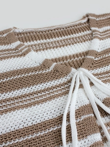 Cardigan in maglia a righe stile francese kaki e bianco con dettaglio cordoncino regolabile