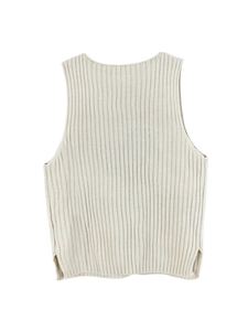 Beige ribbed knit sleeveless sweater vest with side slits and vertical texture