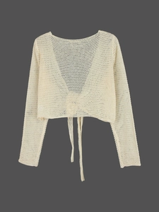 Chic cream white hollow knit cropped cardigan with V-neck long sleeves and front ties