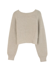 Oatmeal knit crewneck sweater with ribbed texture and minimalist drop shoulder design