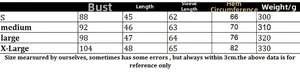 Size guide for striped knit cardigan including chest, length, sleeve, and hem measurements