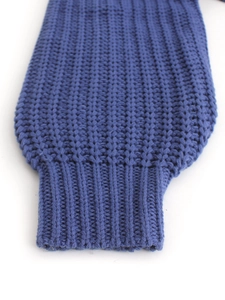 Women's dark blue long sleeve knit cardigan featuring textured puff sleeves and ribbed cuffs