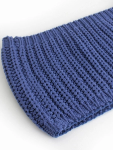 Detailed close-up showing the ribbed knit texture and navy blue yarn of the sweater jacket