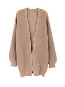 Women's mid-length cable knit cardigan in brown with open front and ribbed cuffs