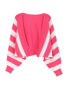 Chic pink and white striped long sleeve knit cardigan shrug for women in a loose fit style
