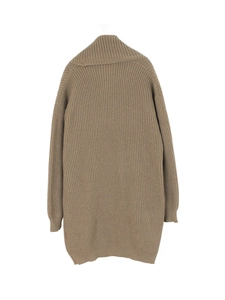 Brown longline knit cardigan with oversized shawl collar and ribbed texture, back view