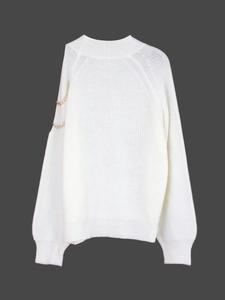 Women's white chunky knit sweater with round neck and gold chain link detail on sleeve