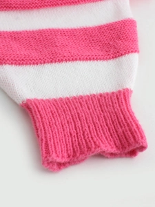 Pink and white horizontal striped knit cardigan featuring ribbed cuffs on sleeve