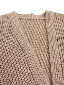 Brown rib-knit long cardigan sweater for women featuring high-quality chunky knit texture