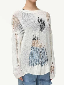 Pull en Maille Blanche Ajouré Détérioré Femme Punk Streetwear Ample Col Rond Manches Longues Chandail Tricot Top