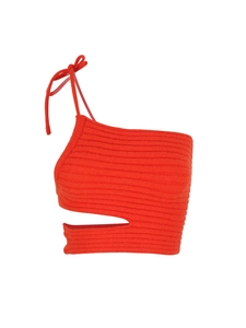 Red one-shoulder knitted crop top featuring a ribbon bow and side cutout design
