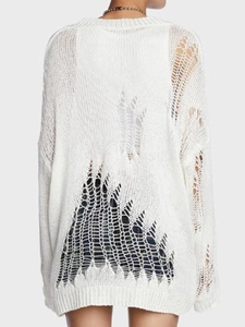 Pull en maille ajourée blanche avec motif de flamme artistique au dos et manches longues