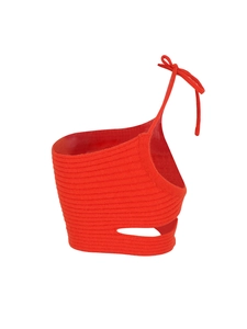 Bright orange knit halter crop top with asymmetrical neck and cutout detail