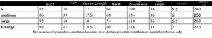 Size chart with measurements for striped short sleeve and shorts knitwear set