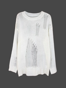 Pull en maille blanc oversize à col rond avec détails ajourés pour un style de plage chic