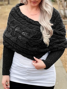 Versatile black hollow-out knit scarf shawl wrap with long sleeves for women