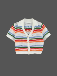 Women's summer knit cardigan set with colorful horizontal stripes and pearl buttons