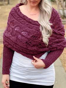 Deep purple knitted poncho shawl with hollow patterns and long sleeves for women