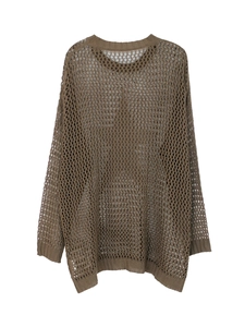 Brown oversized hollow out knit sweater with long sleeves and round neck for beachwear