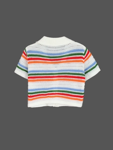 Rainbow striped knit short sleeve top with openwork texture and ribbed collar