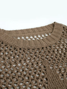 Brown hollow crochet knit pullover with a ribbed crew neck and mesh texture design