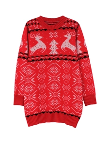 Robe de Noël rouge ajustée en maille avec motifs rennes et finitions côtelées
