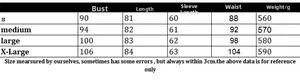 Size chart for women's slim fit knitted dress showing bust, length and sleeve measurements