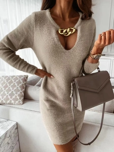 Slim fit khaki plush knit dress with deep V-neck and decorative gold chain accent