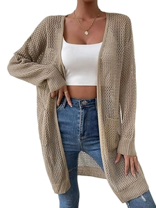Women Hollow Out Knit Cardigan Long Sleeve V-Neck Khaki Solid Color Casual Open Front Beach Cover Up Outerwear Sweater