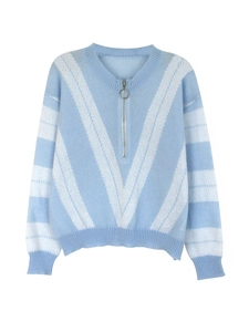 Slim fit light blue knit sweater with white V-stripes and round ring zipper neckline