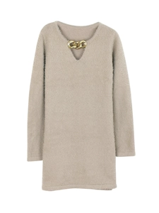 Elegant beige long sleeve knit dress with deep V-neck and golden chain detail