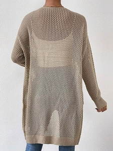Women's beige crochet knit cardigan sweater, mid-length long sleeve hollow out beach cover-up