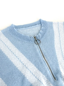 Slim fit long sleeve knit sweater with light blue stripes and silver zipper collar