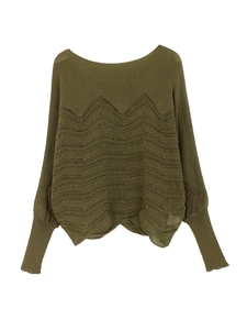 Pull femme en maille ajourée vert olive avec motif vagues et longs poignets côtelés