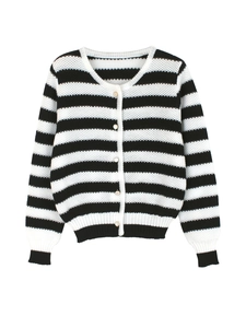 Women's classic black and white striped knit cardigan with gold buttons on white background