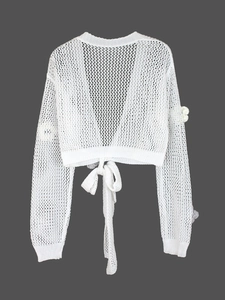 White crochet long sleeve cropped bolero with floral 3D details and tie-front closure