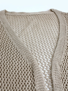 Women's mid-length long-sleeve open knit cardigan in beige with hollow mesh texture