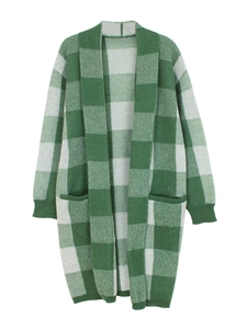Green and white plaid knit cardigan for women with open front and large pockets
