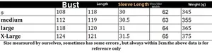 Size chart showing chest, length, and weight data for long cardigan knitwear in S-XL