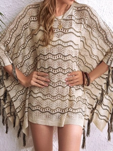 Haut de Tricot Ajouré Bohème pour Femmes Motif à Vagues Ourlet à Glands Col Rond Ample pour Plage Vacances Couvre-maillot Top