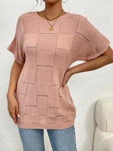 Women's Round Neck Knit T-Shirt Checkerboard Pattern Hollow Out Short Sleeve Loose Summer Casual Knitwear Top