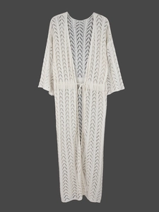 Long white crochet cardigan with hollow wave pattern and adjustable waist drawstring