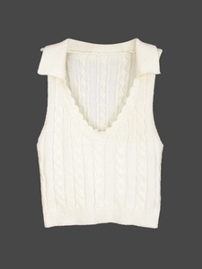 Débardeur en tricot torsadé crème pour femme avec col polo et col en V profond style rétro