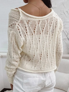 Chic cream openwork knit cardigan sweater with hollow diamond pattern and lace-up back