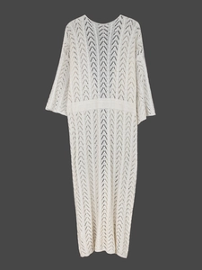 Women's white crochet knit long cardigan with V-shaped hollow pattern for beach cover-up