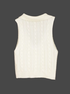 Débardeur en tricot torsadé blanc pour femme avec col polo et finitions à bords-côtes