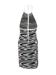 Knit zebra pattern halter neck mini dress with backless design for beach summer fashion