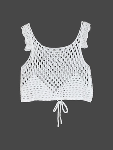 White crochet knit crop top with ruffle sleeves and drawstring front for beachwear