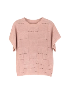 Women round neck short sleeve knit sweater with textured checkered hollow patterns in dusty rose