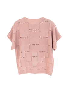 Pink crew neck short sleeve knit sweater with textured checkerboard and cutout details